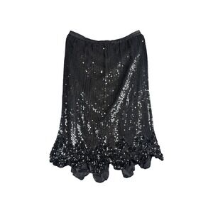 Sweelo Black Silk Sequin Midi Skirt Floral‎ Scalloped Hem Elastic Waist Small